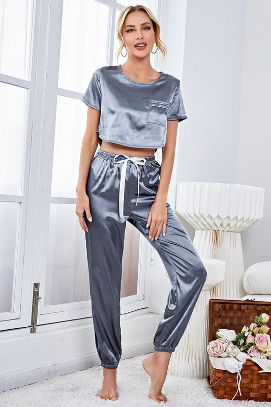 Satin Short Sleeve Crop Top and Joggers Lounge Set BLUE ZONE PLANET