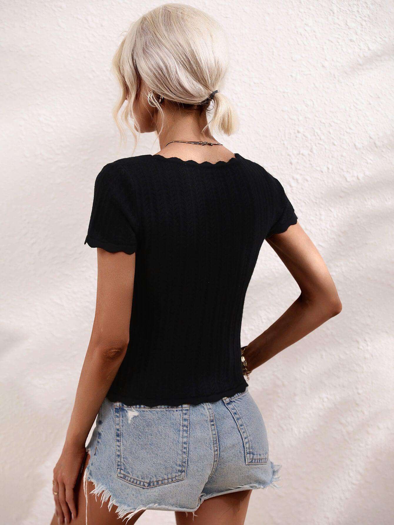 Scalloped Hem Square Neck Knit Top BLUE ZONE PLANET