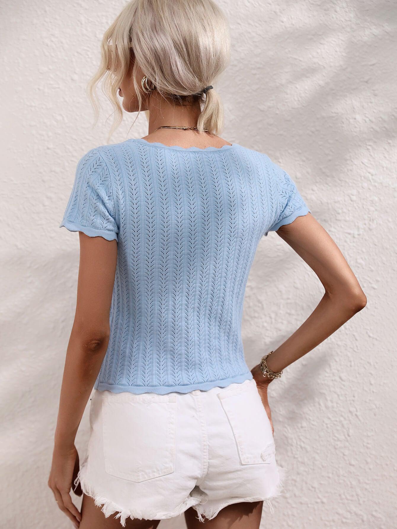 Scalloped Hem Square Neck Knit Top BLUE ZONE PLANET