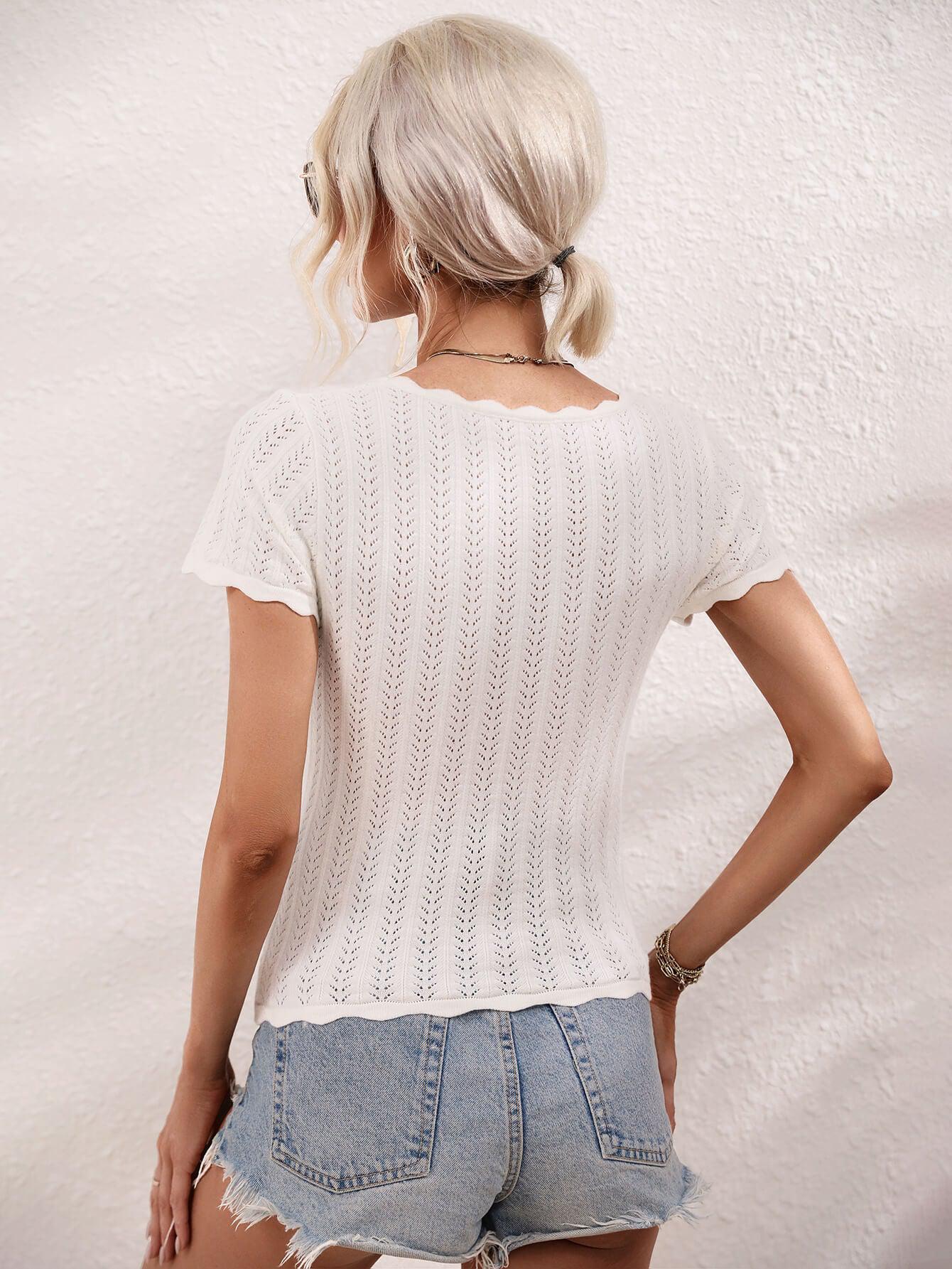 Scalloped Hem Square Neck Knit Top BLUE ZONE PLANET