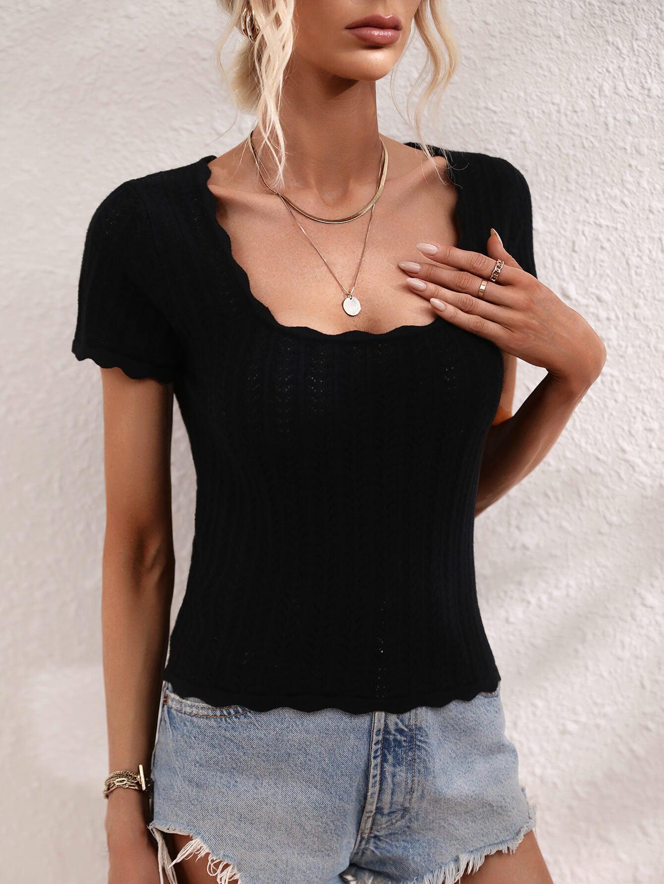 Scalloped Hem Square Neck Knit Top BLUE ZONE PLANET