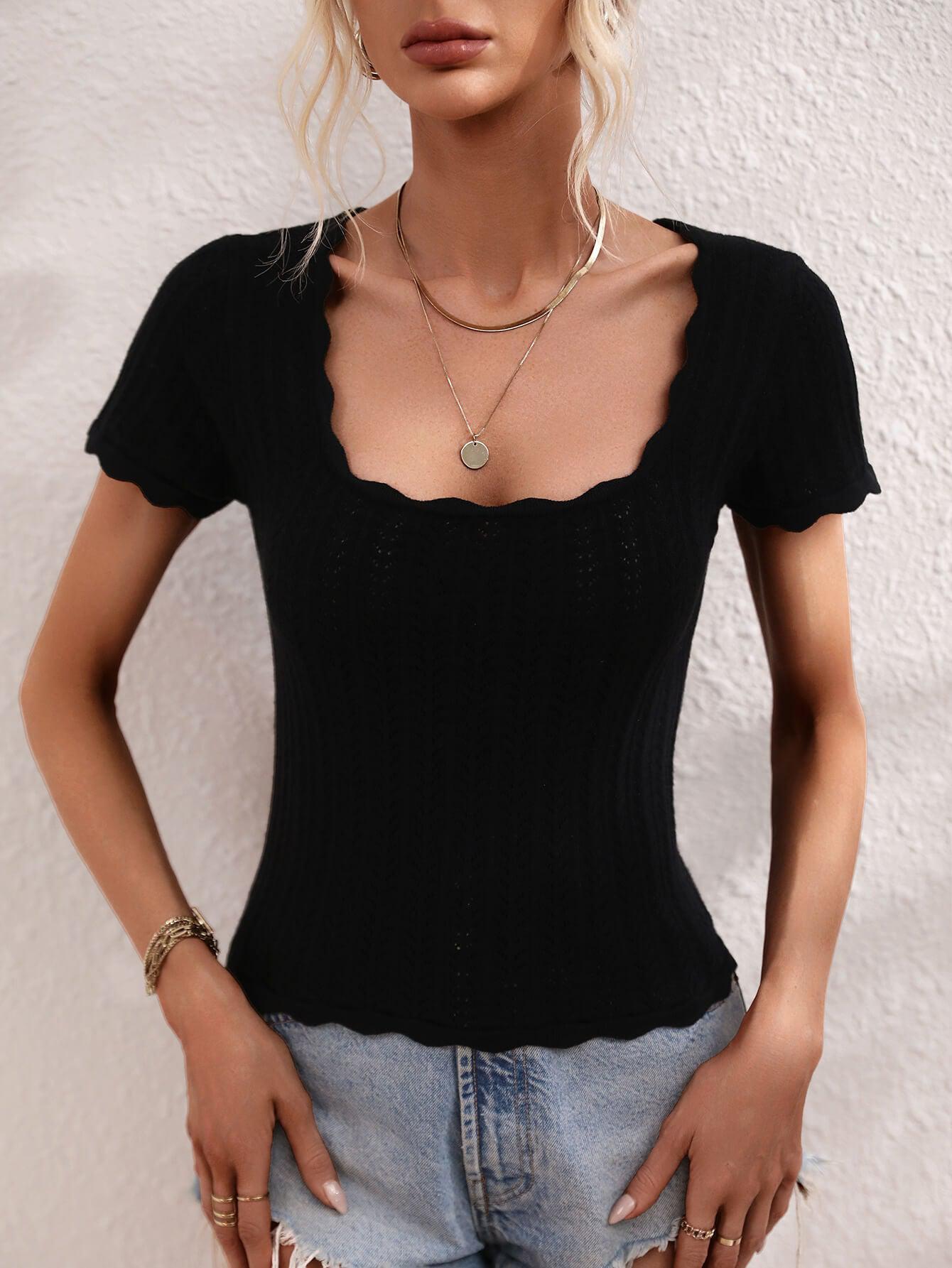 Scalloped Hem Square Neck Knit Top BLUE ZONE PLANET