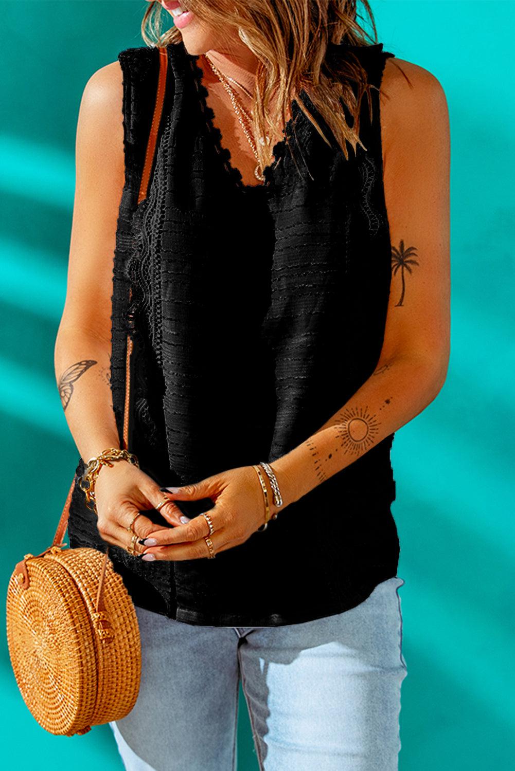 Scalloped Lace Trim V-Neck Tank BLUE ZONE PLANET