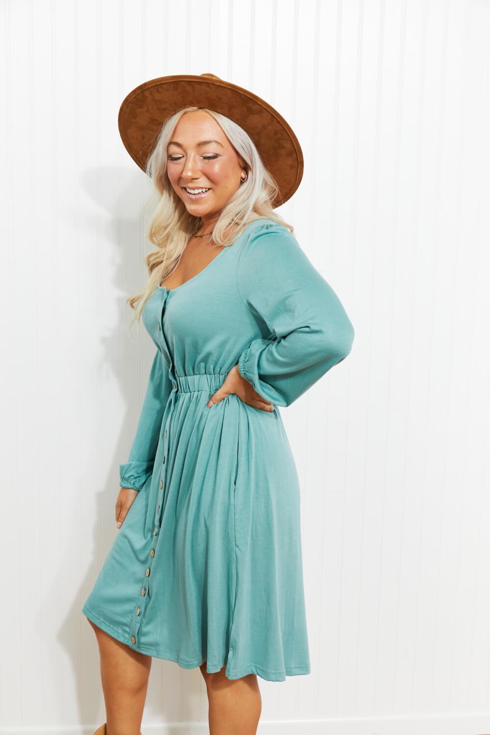 Scoop Neck Empire Waist Long Sleeve Mini Dress BLUE ZONE PLANET