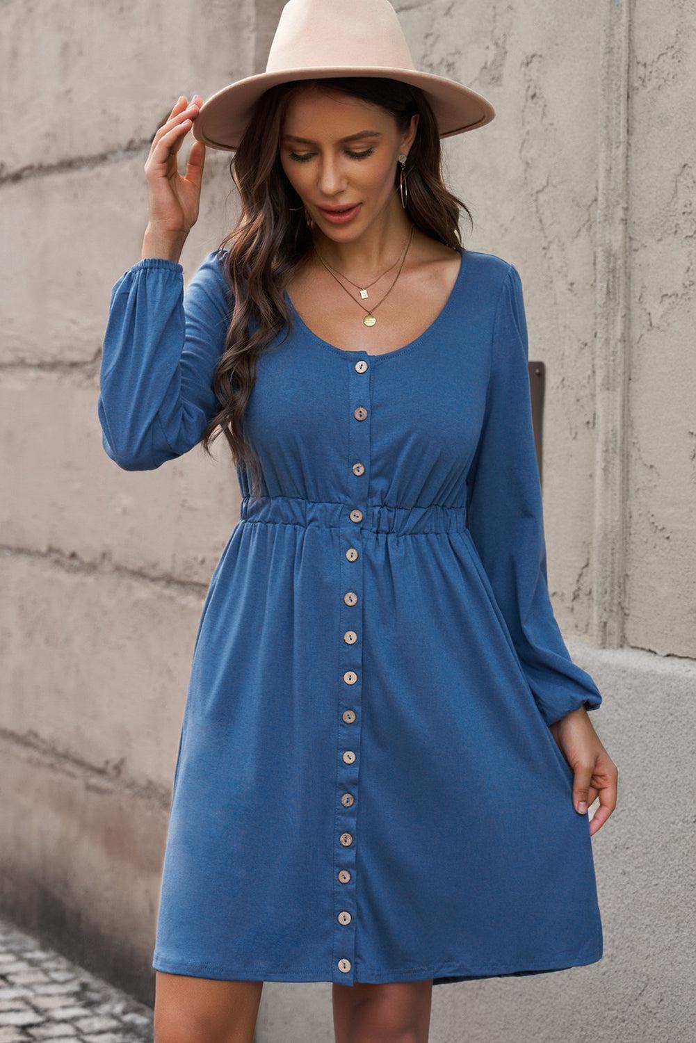 Scoop Neck Empire Waist Long Sleeve Mini Dress BLUE ZONE PLANET