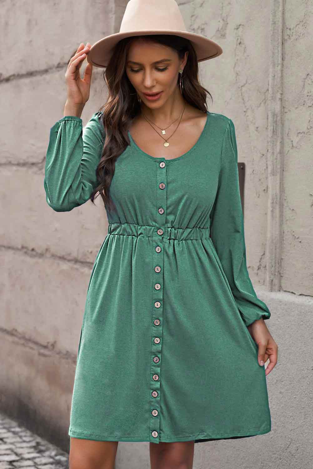 Scoop Neck Empire Waist Long Sleeve Mini Dress BLUE ZONE PLANET