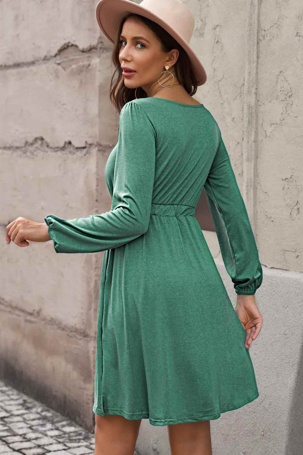 Scoop Neck Empire Waist Long Sleeve Mini Dress BLUE ZONE PLANET