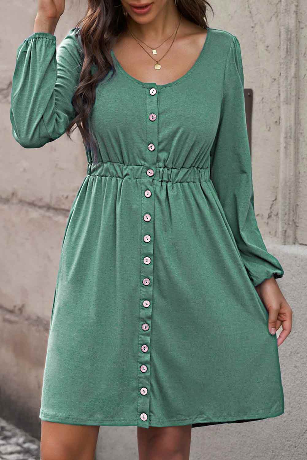 Scoop Neck Empire Waist Long Sleeve Mini Dress BLUE ZONE PLANET