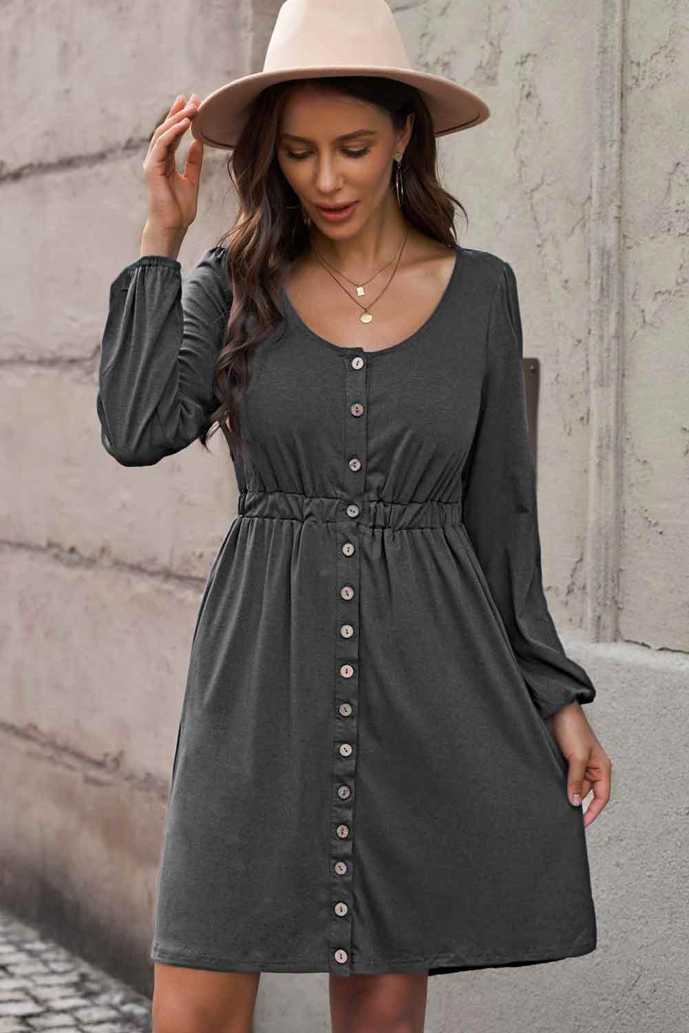 Scoop Neck Empire Waist Long Sleeve Mini Dress BLUE ZONE PLANET