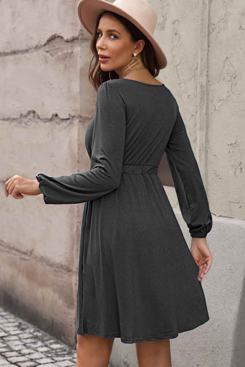 Scoop Neck Empire Waist Long Sleeve Mini Dress BLUE ZONE PLANET