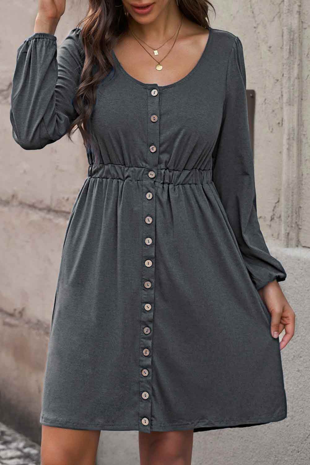 Scoop Neck Empire Waist Long Sleeve Mini Dress BLUE ZONE PLANET