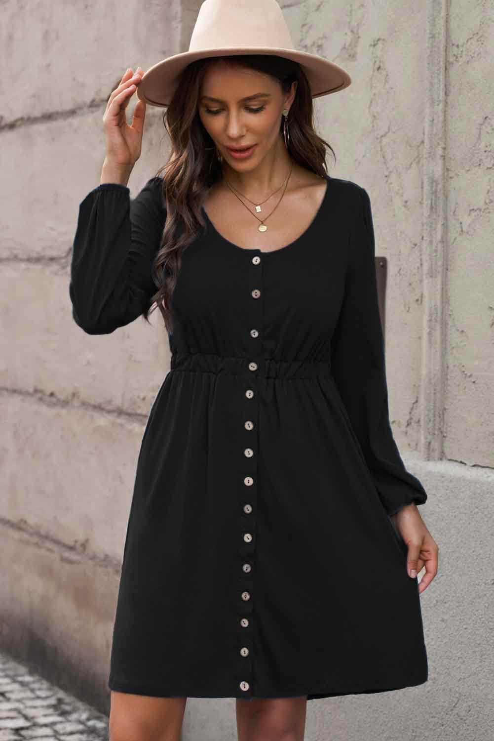Scoop Neck Empire Waist Long Sleeve Mini Dress BLUE ZONE PLANET