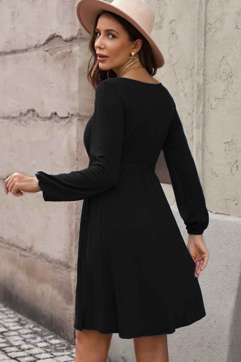 Scoop Neck Empire Waist Long Sleeve Mini Dress BLUE ZONE PLANET