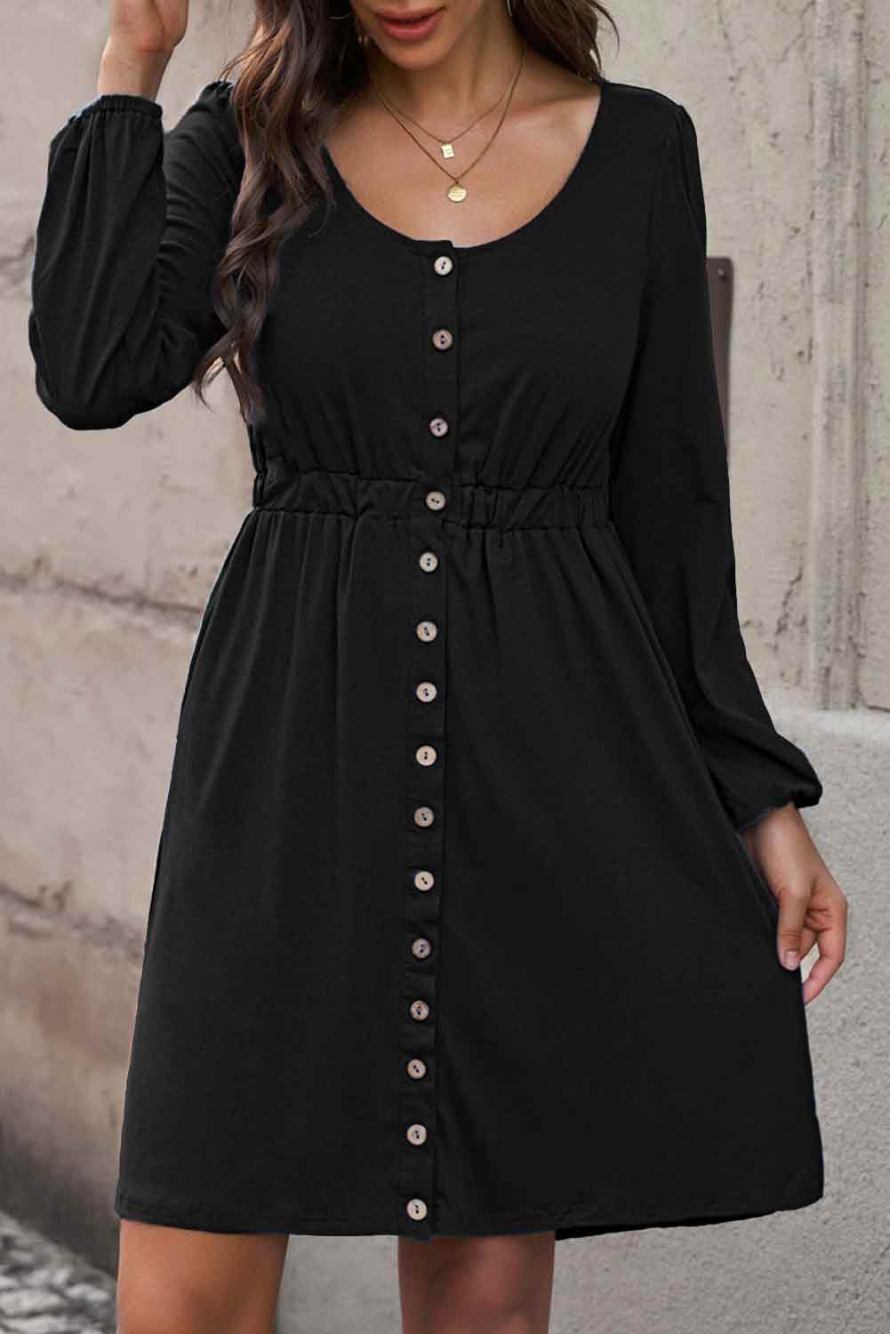 Scoop Neck Empire Waist Long Sleeve Mini Dress BLUE ZONE PLANET