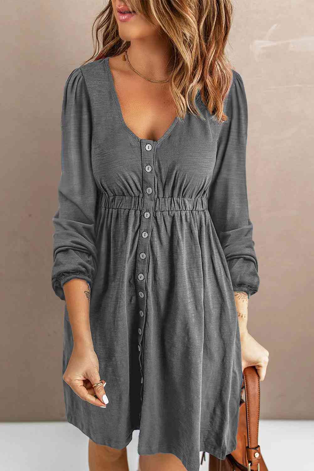 Scoop Neck Empire Waist Long Sleeve Mini Dress BLUE ZONE PLANET