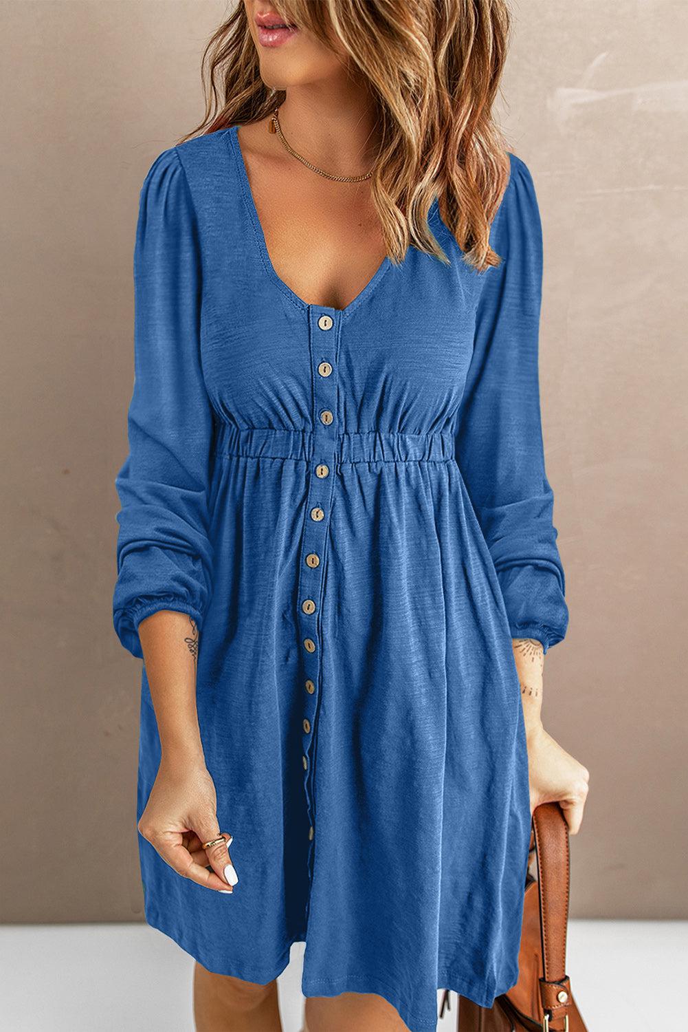 Scoop Neck Empire Waist Long Sleeve Mini Dress BLUE ZONE PLANET