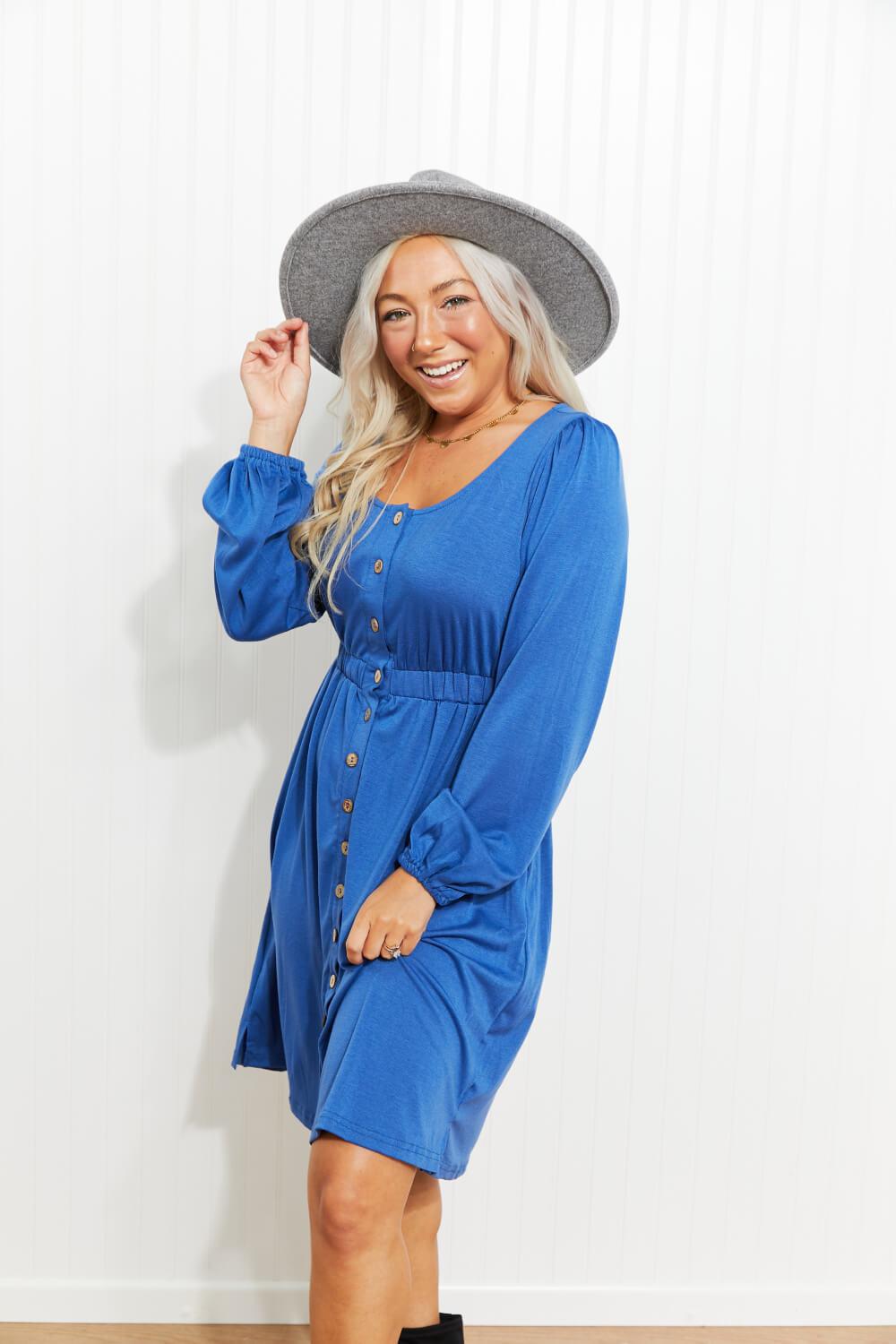 Scoop Neck Empire Waist Long Sleeve Mini Dress BLUE ZONE PLANET