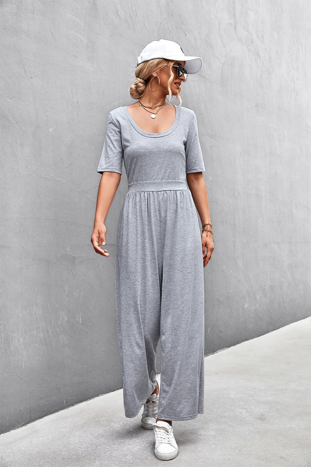 Scoop Neck Half Sleeve Wide Leg Jumpsuit BLUE ZONE PLANET