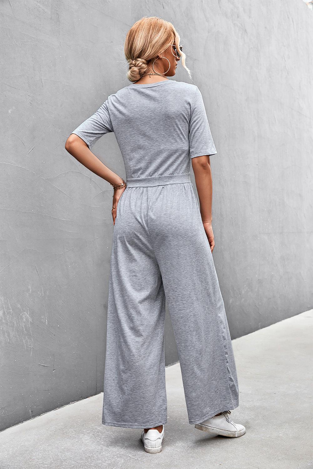 Scoop Neck Half Sleeve Wide Leg Jumpsuit BLUE ZONE PLANET