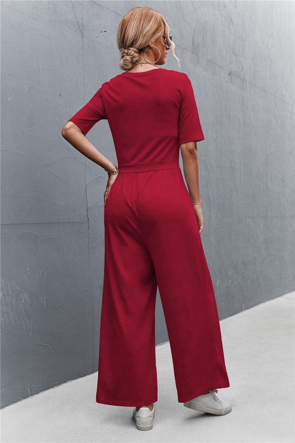 Scoop Neck Half Sleeve Wide Leg Jumpsuit BLUE ZONE PLANET