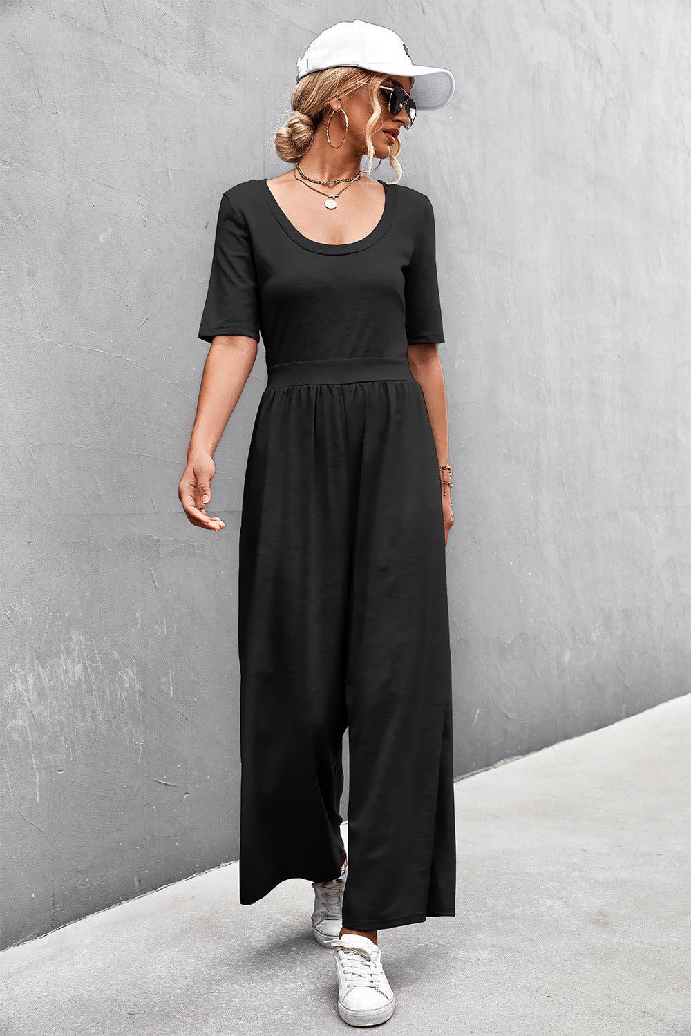 Scoop Neck Half Sleeve Wide Leg Jumpsuit BLUE ZONE PLANET