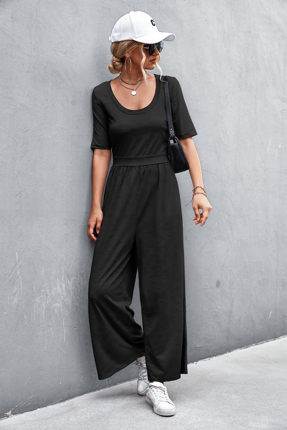 Scoop Neck Half Sleeve Wide Leg Jumpsuit BLUE ZONE PLANET