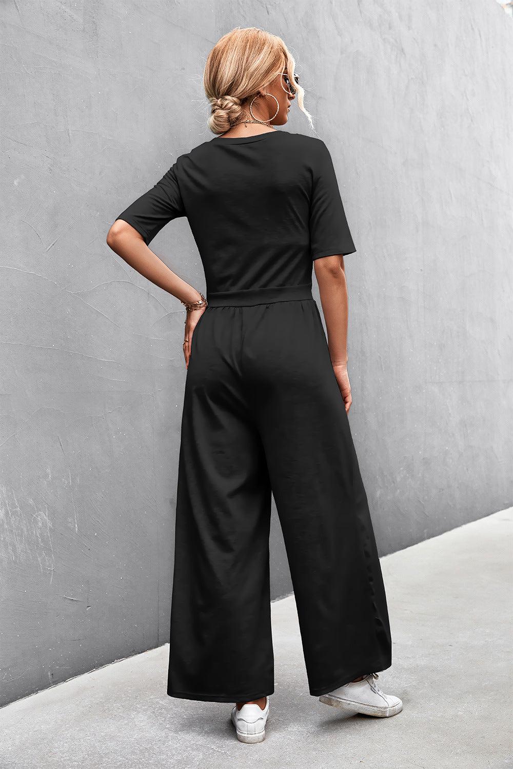 Scoop Neck Half Sleeve Wide Leg Jumpsuit BLUE ZONE PLANET