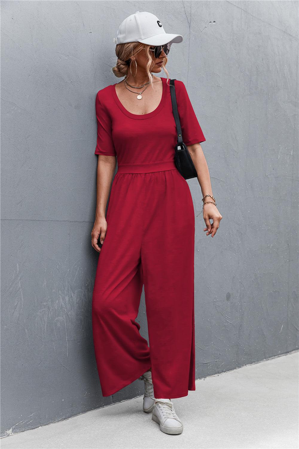 Scoop Neck Half Sleeve Wide Leg Jumpsuit BLUE ZONE PLANET
