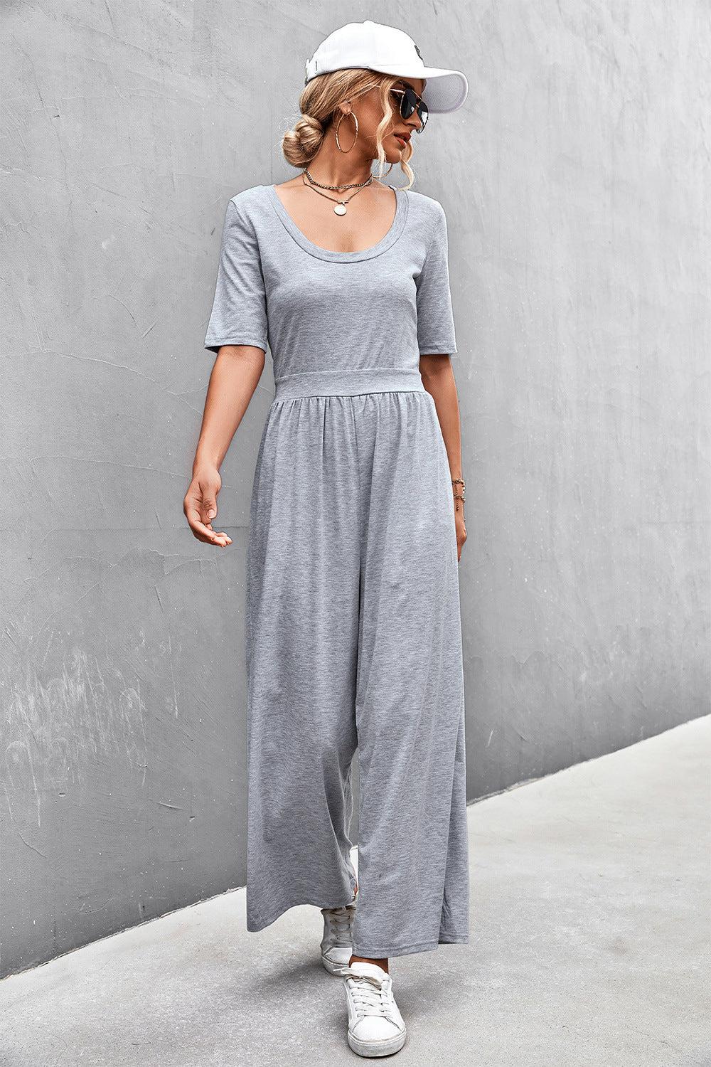 Scoop Neck Half Sleeve Wide Leg Jumpsuit BLUE ZONE PLANET