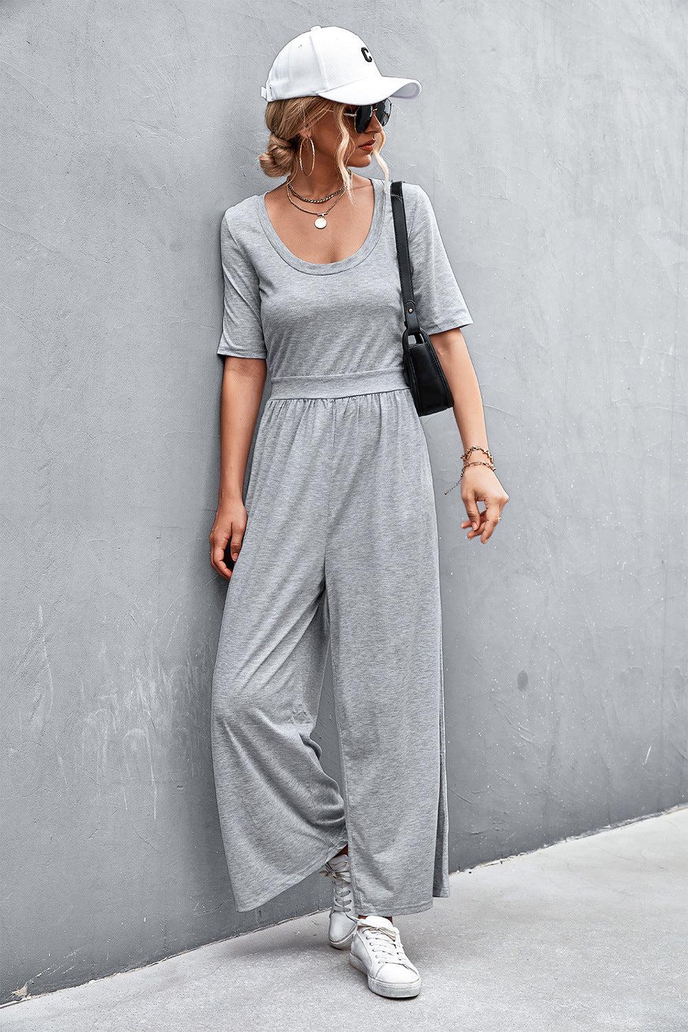 Scoop Neck Half Sleeve Wide Leg Jumpsuit BLUE ZONE PLANET