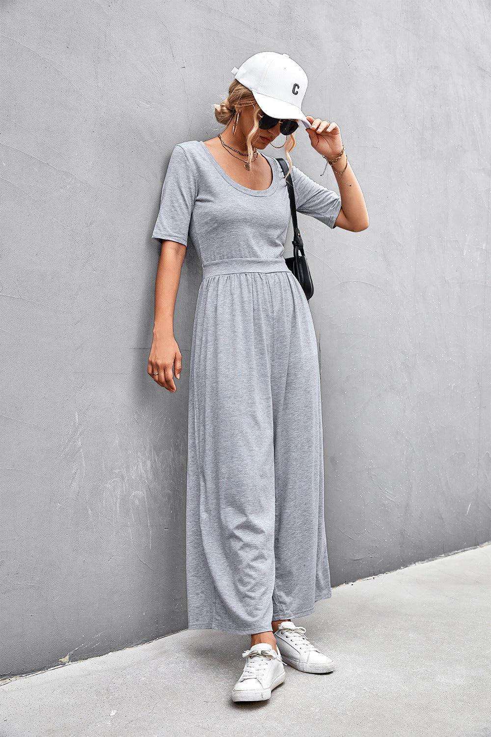 Scoop Neck Half Sleeve Wide Leg Jumpsuit BLUE ZONE PLANET