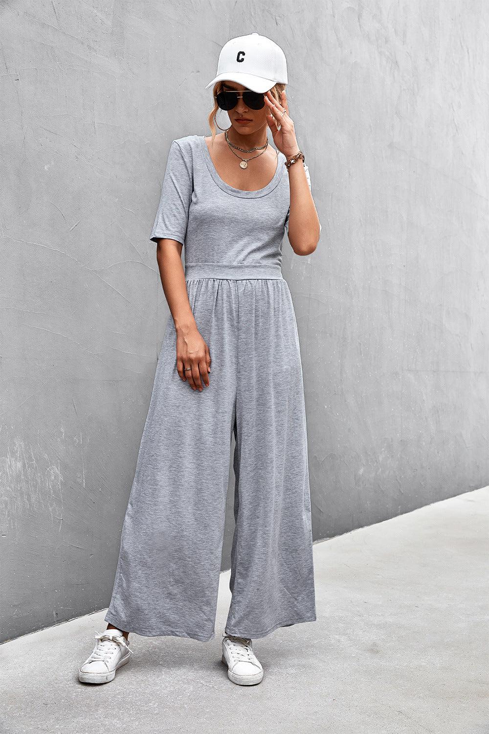 Scoop Neck Half Sleeve Wide Leg Jumpsuit BLUE ZONE PLANET