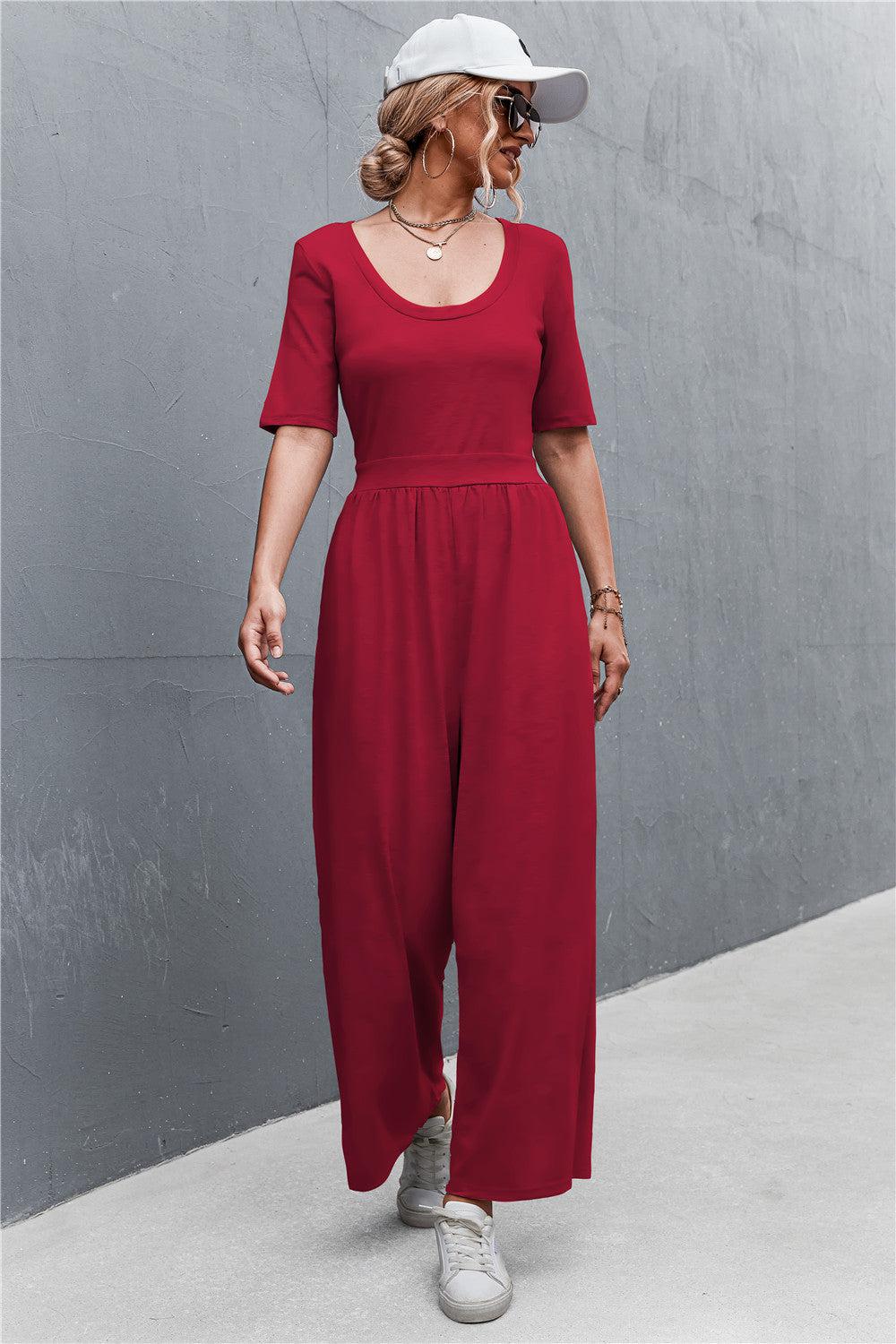 Scoop Neck Half Sleeve Wide Leg Jumpsuit BLUE ZONE PLANET