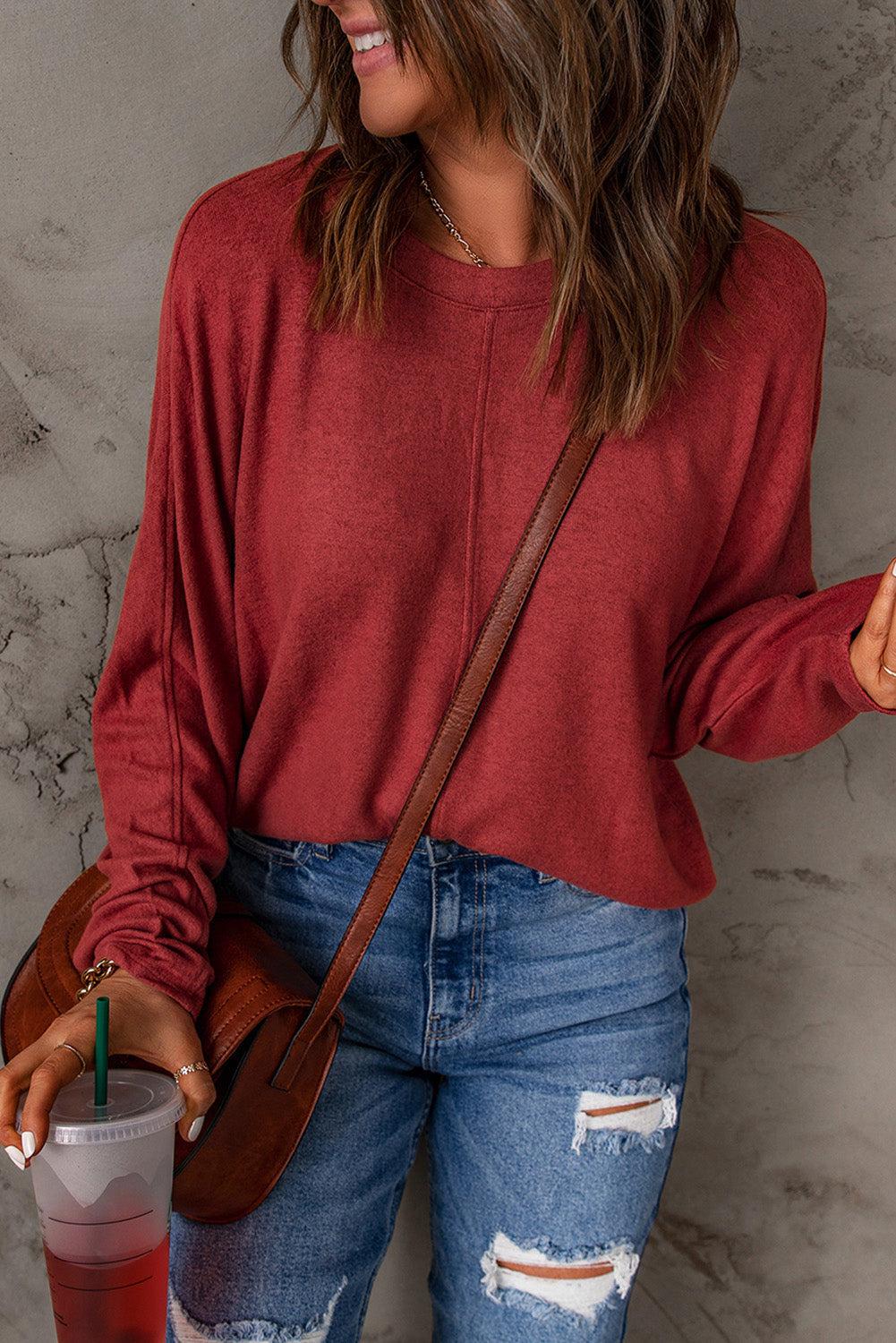 Seam Detail Round Neck Long Sleeve Top BLUE ZONE PLANET