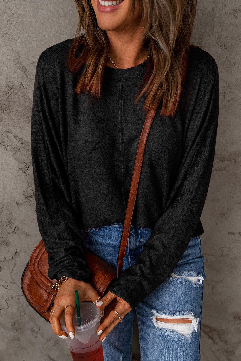 Seam Detail Round Neck Long Sleeve Top BLUE ZONE PLANET