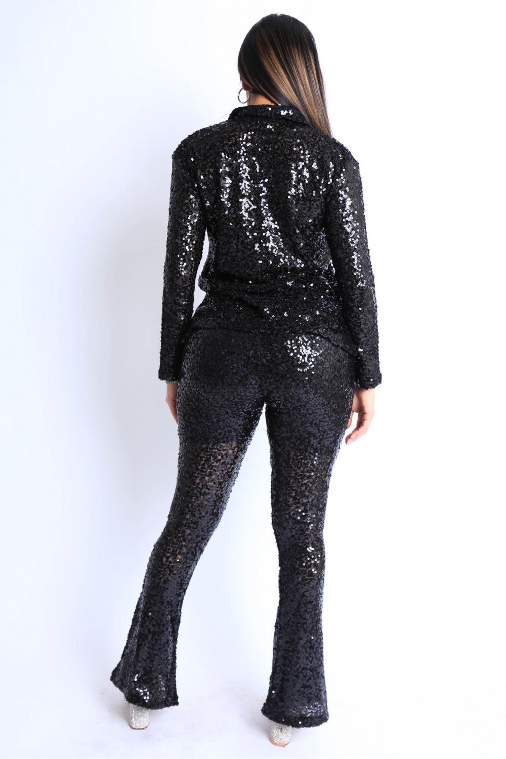 Sequin Button Down Shirt And Pant Set Jumpsuit Blue Zone Planet