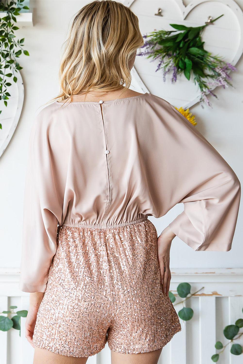 Sequin Drawstring Waist Dolman Sleeve Romper BLUE ZONE PLANET