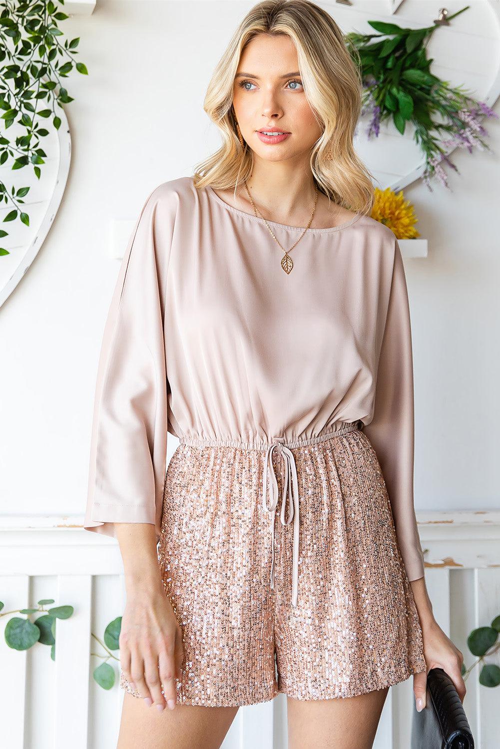 Sequin Drawstring Waist Dolman Sleeve Romper BLUE ZONE PLANET