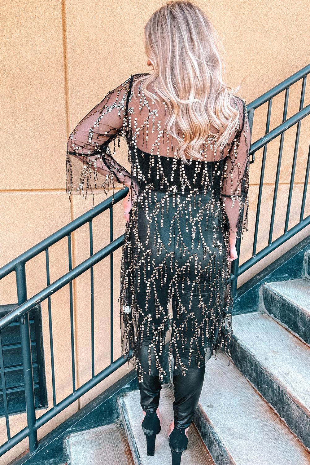 Sequin Open Front Sheer Cardigan BLUE ZONE PLANET