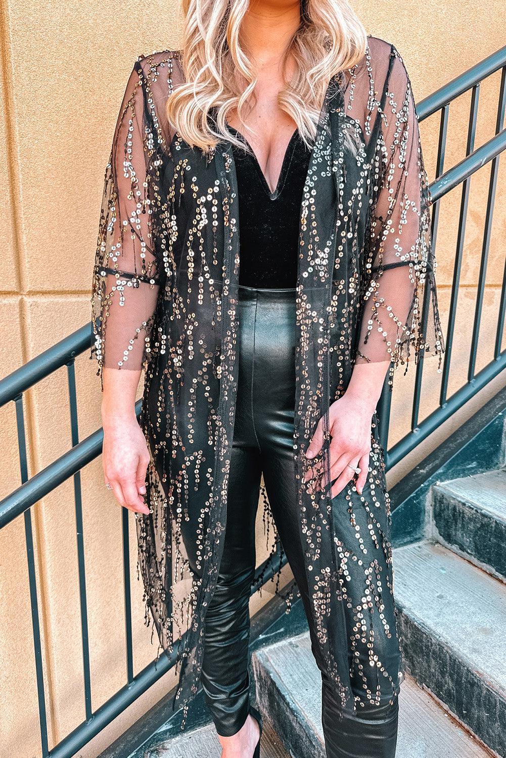 Sequin Open Front Sheer Cardigan BLUE ZONE PLANET