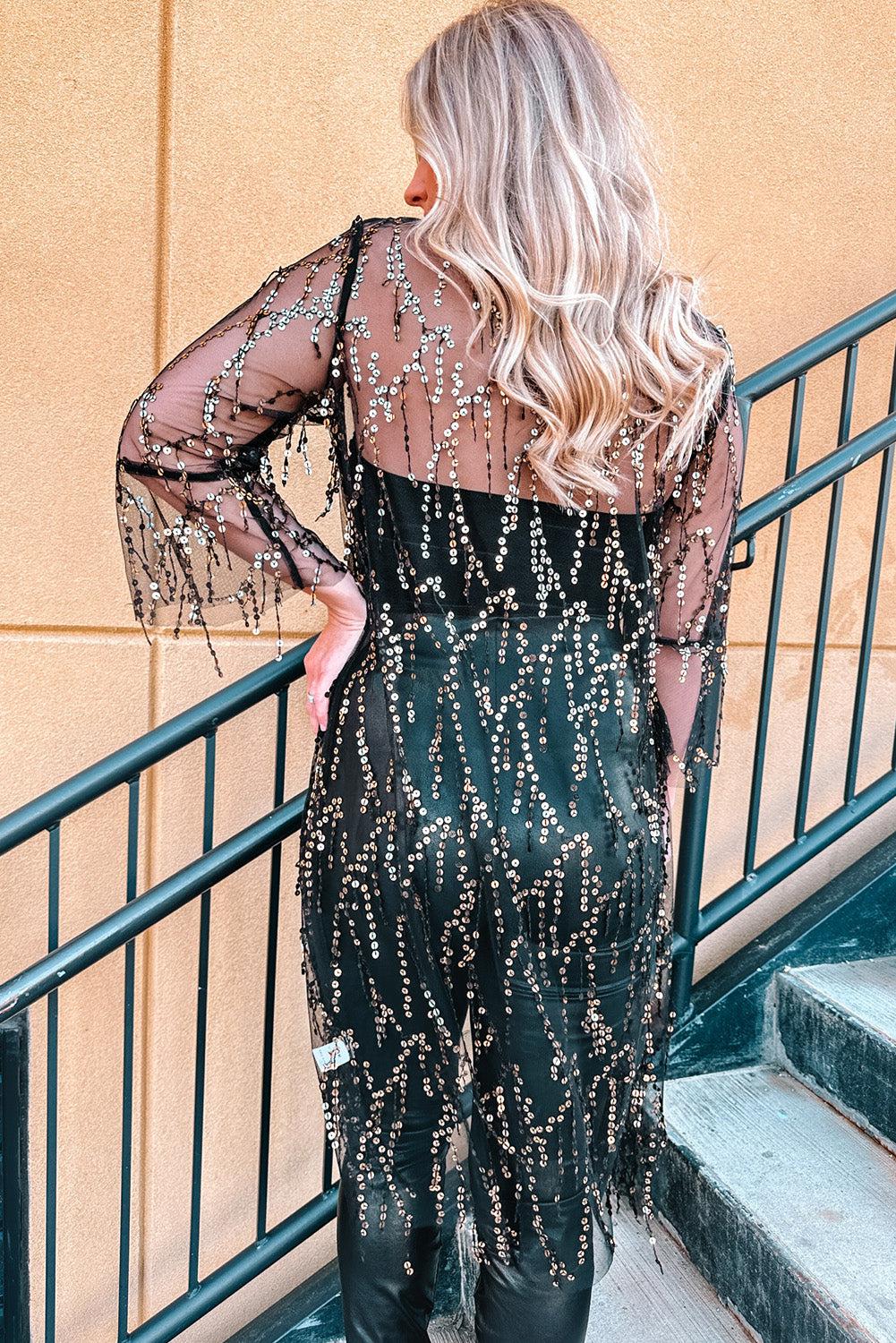 Sequin Open Front Sheer Cardigan BLUE ZONE PLANET