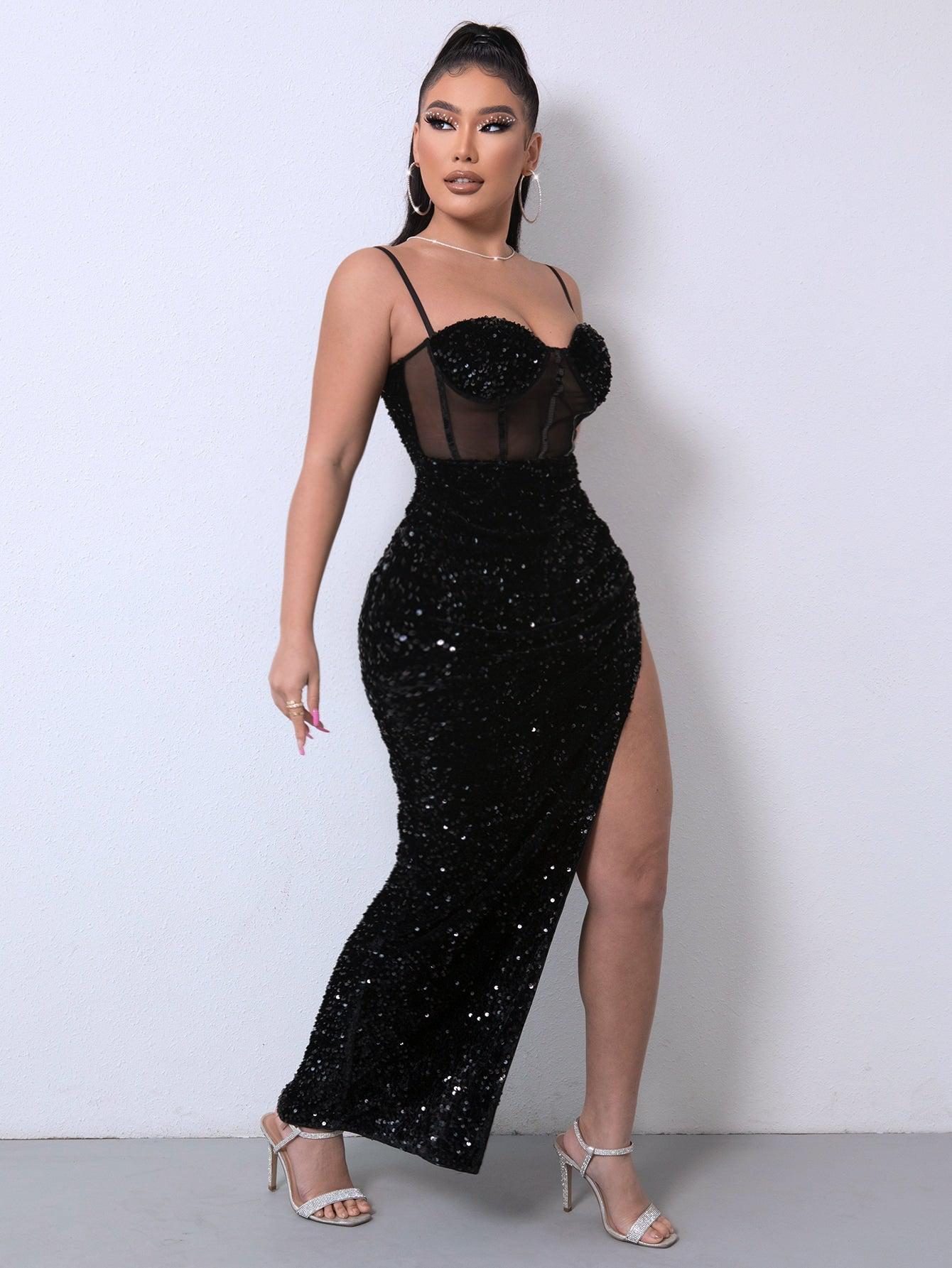 Sequin Spliced Mesh Adjustable Strap Maxi Dress BLUE ZONE PLANET