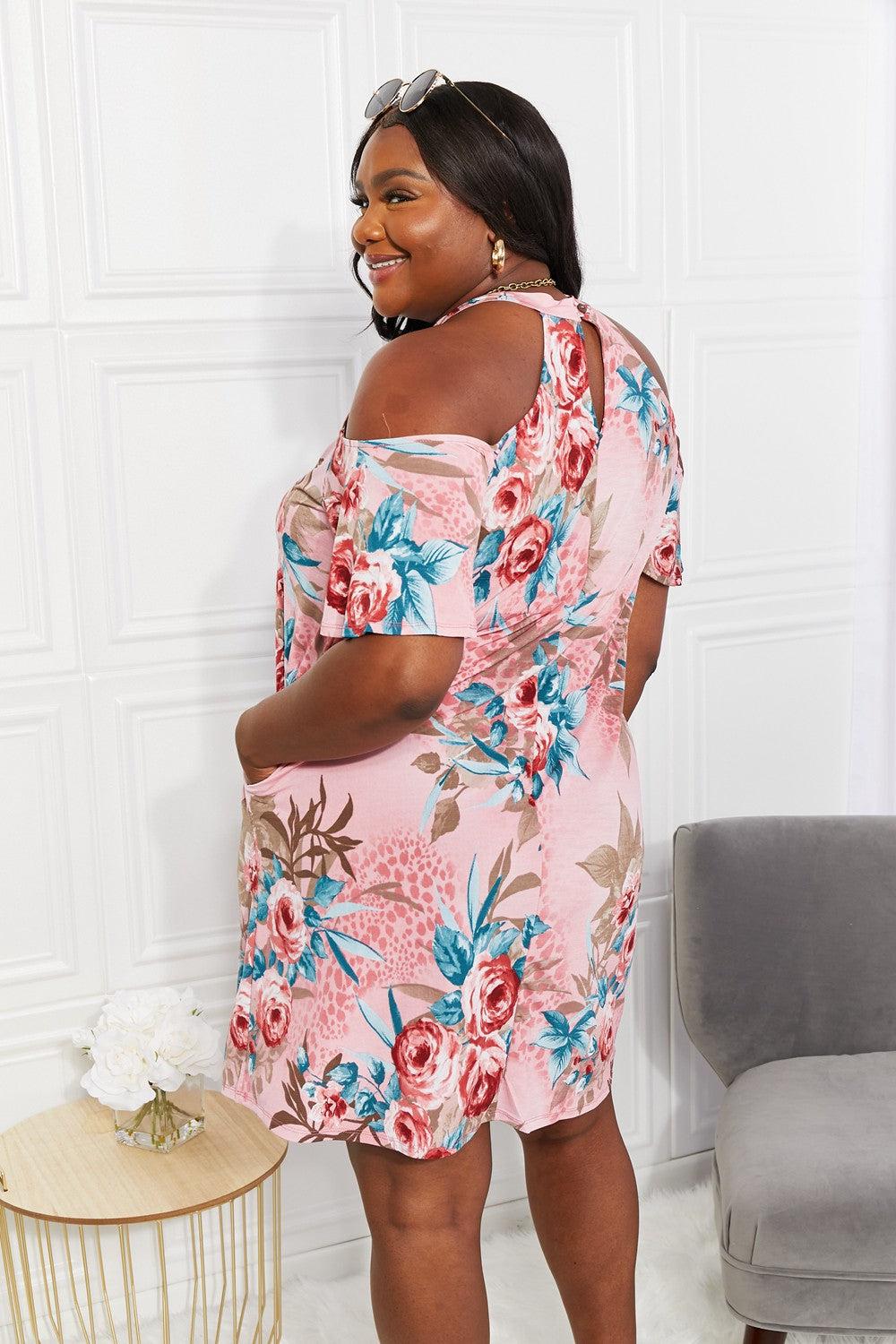 Sew In Love Full Size Fresh-Cut Flowers Cold-Shoulder Dress BLUE ZONE PLANET