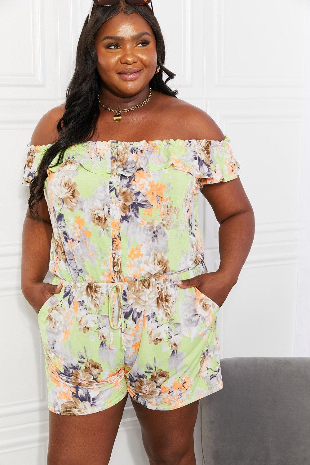 Sew In Love Full Size Pure Delight Floral Off-Shoulder Romper BLUE ZONE PLANET