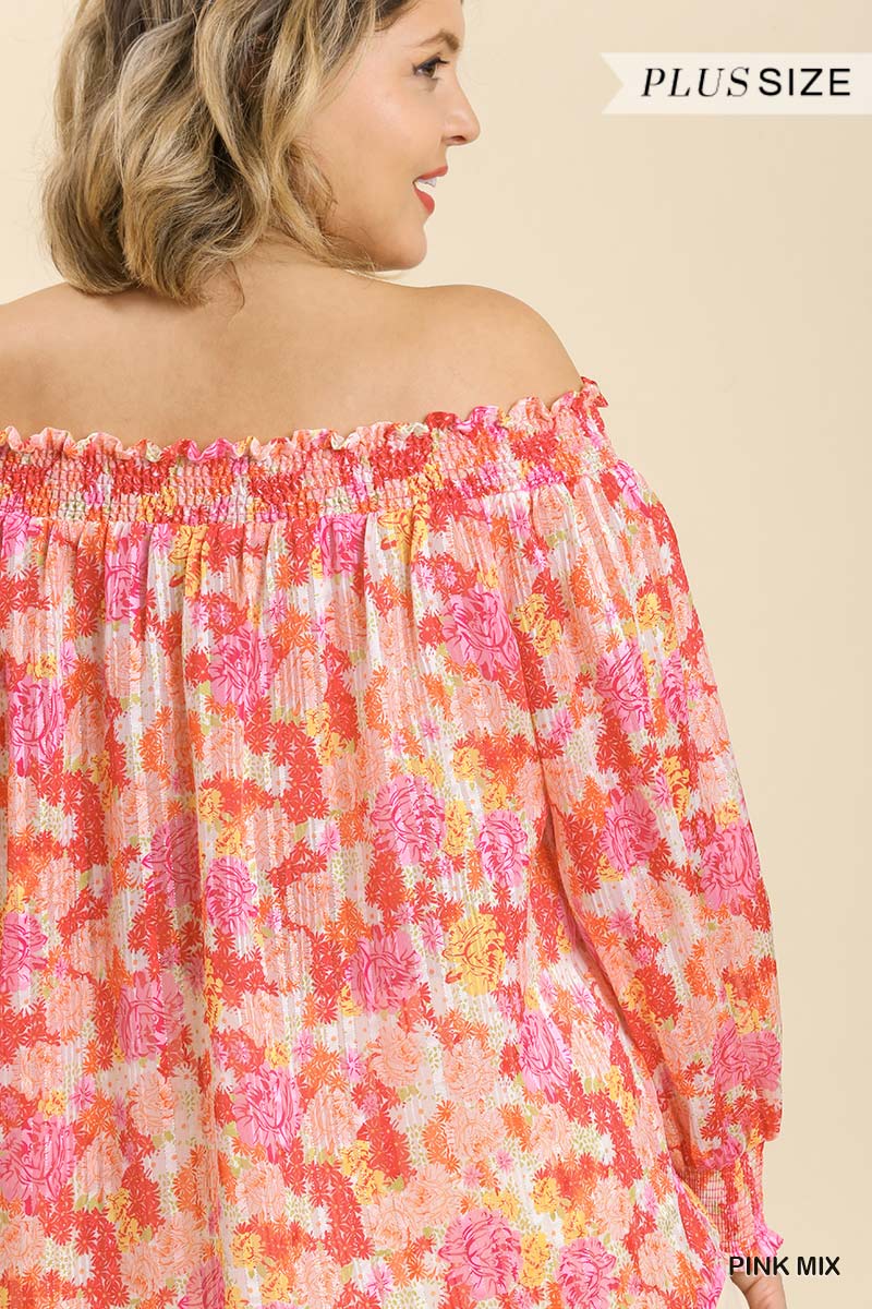 Sheer Floral Print Metallic Threading Long Sleeve Off Shoulder Top With High Low Hem Blue Zone Planet