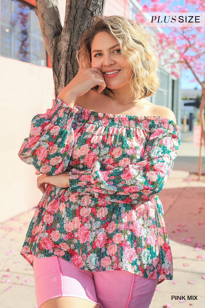 Sheer Floral Print Metallic Threading Long Sleeve Off Shoulder Top With High Low Hem Blue Zone Planet