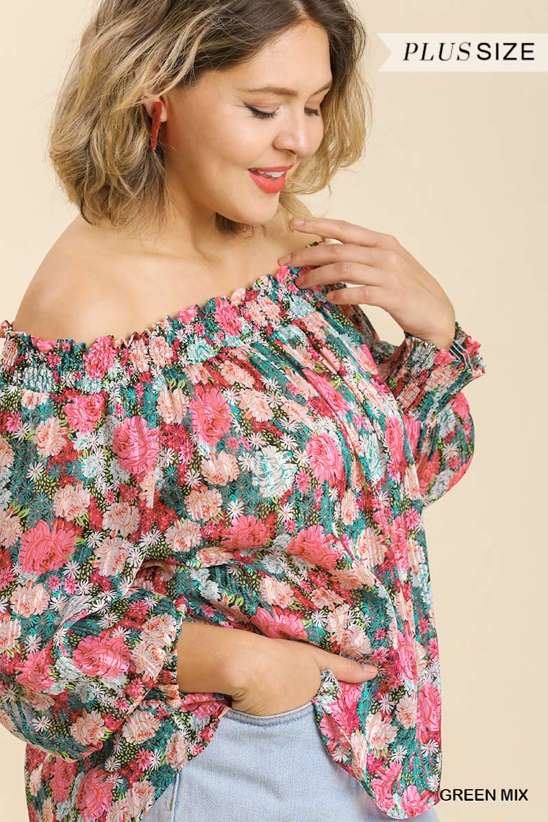 Sheer Floral Print Metallic Threading Long Sleeve Off Shoulder Top With High Low Hem Blue Zone Planet
