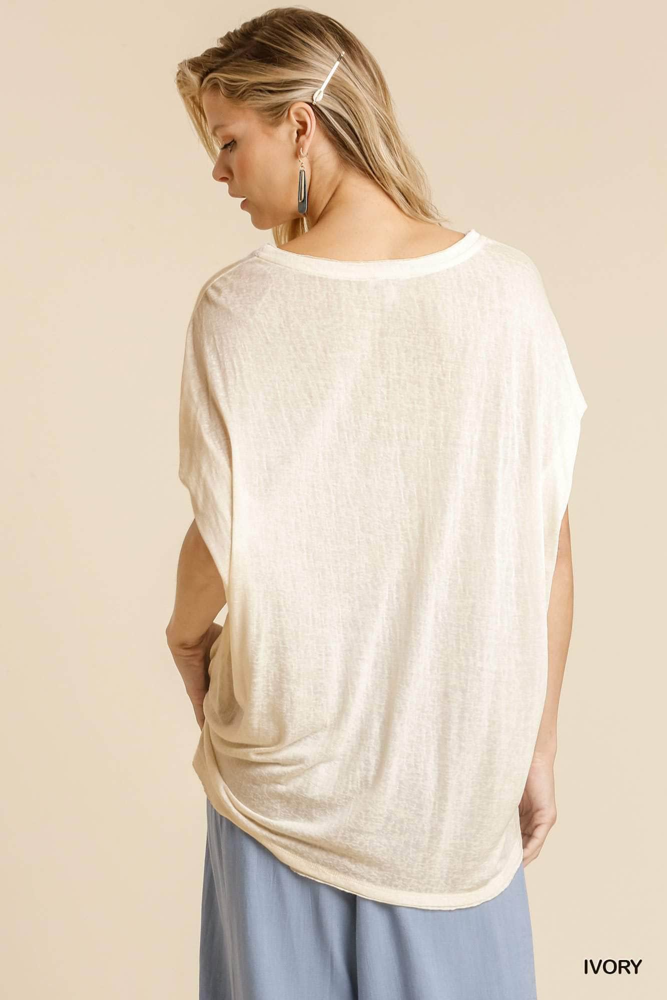 Short Sheer Dolman Sleeve Scoop Neck Top With Side Slit Blue Zone Planet