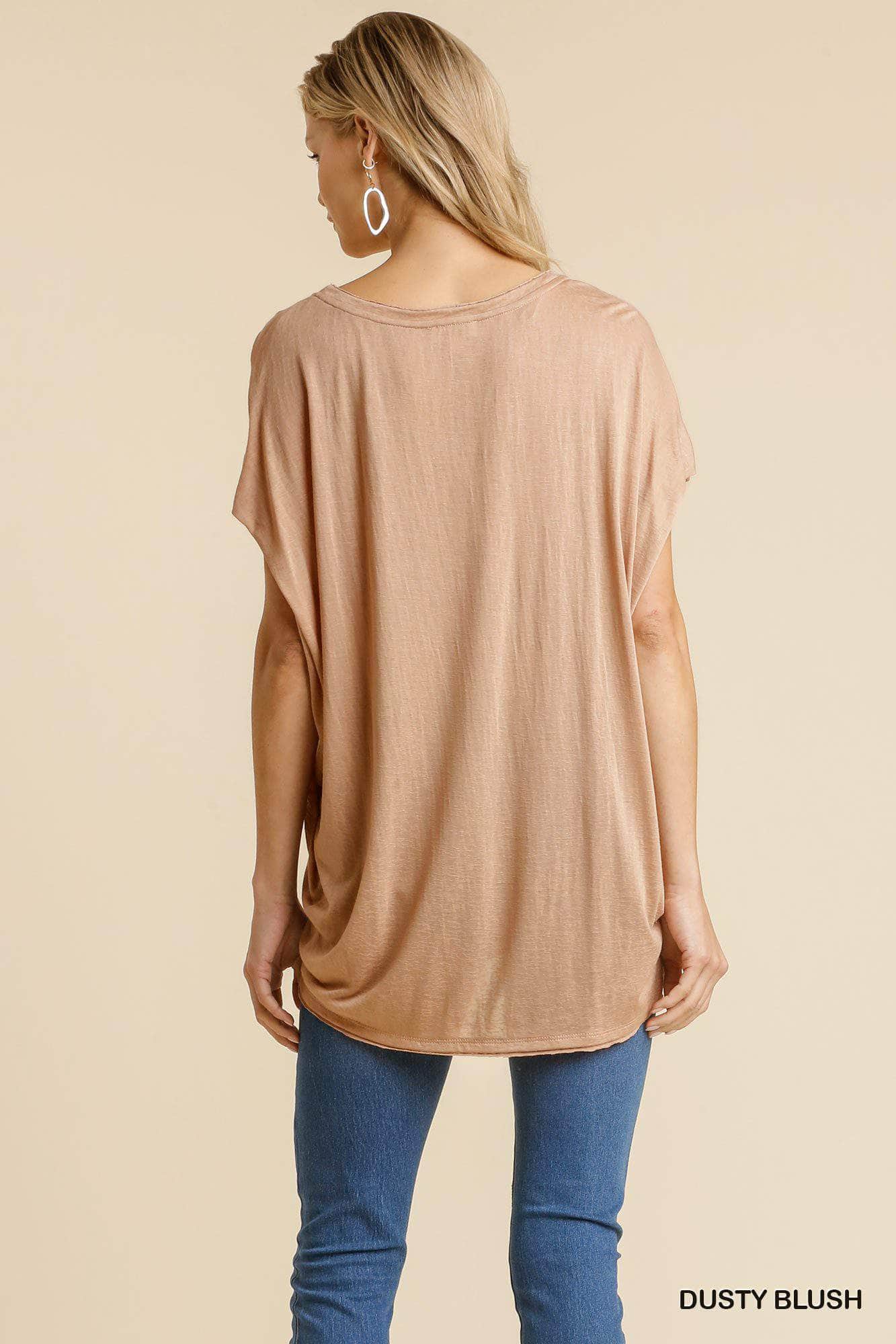 Short Sheer Dolman Sleeve Scoop Neck Top With Side Slit Blue Zone Planet