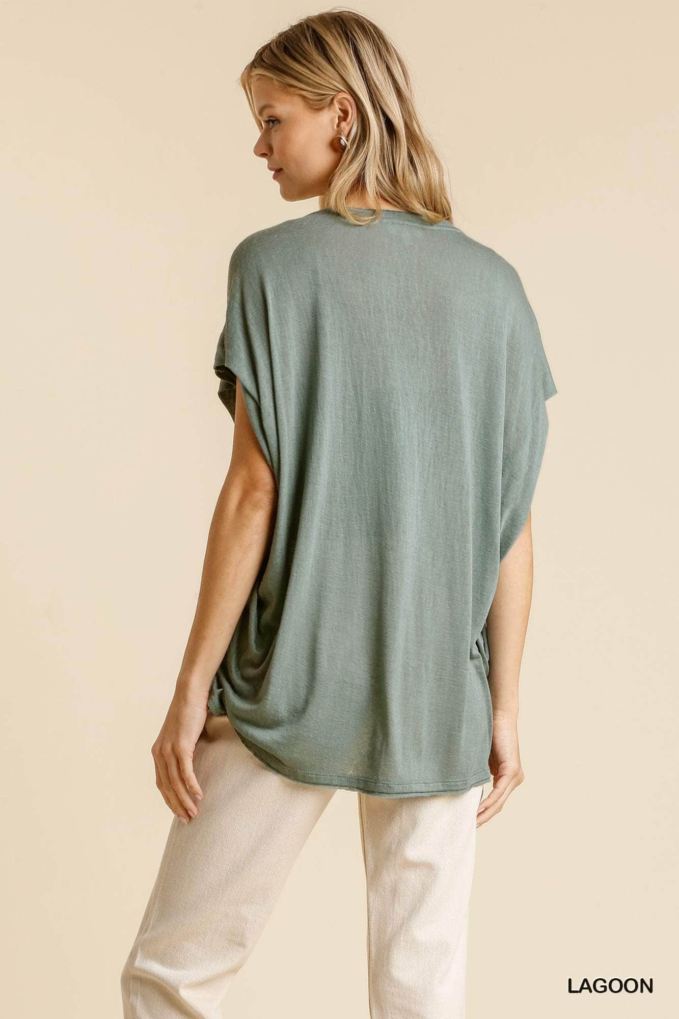 Short Sheer Dolman Sleeve Scoop Neck Top With Side Slit Blue Zone Planet